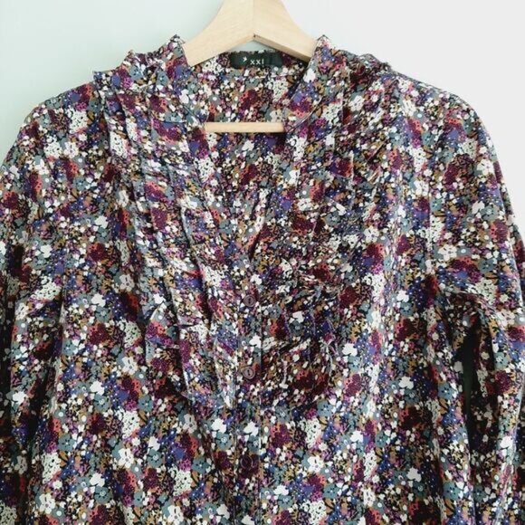 XXI FOREVER 21 Button Down Ditsy Floral Ruffle Detail Blouse Top Colorful Sz S - Picture 5 of 15